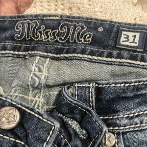Miss Me Blue Jeans with Distressed Detailing and Contrast Stitching
